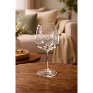 Vintage Etched Rose Wine Glass with Letter K 8.5 Inch Clear Stemware